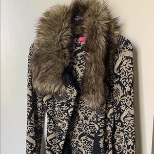 Rare-one of its kind Betsy Johnson 3/4 length Foux fur collar sweater coat.